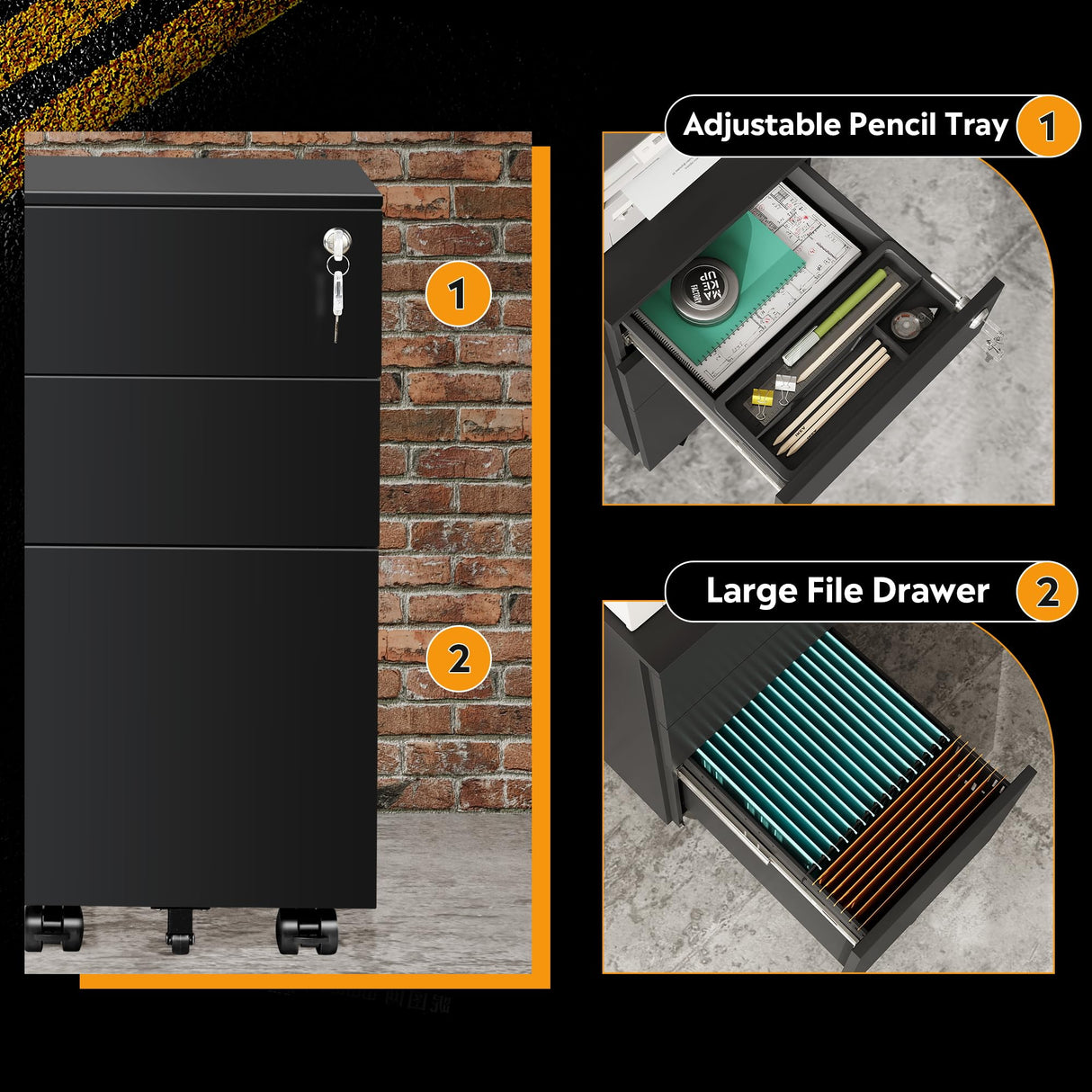 DEVAISE 3 Drawer Vertical File Cabinet, Mobile Filing Cabinet with Slim Width for Home Office, Black DEVAISE