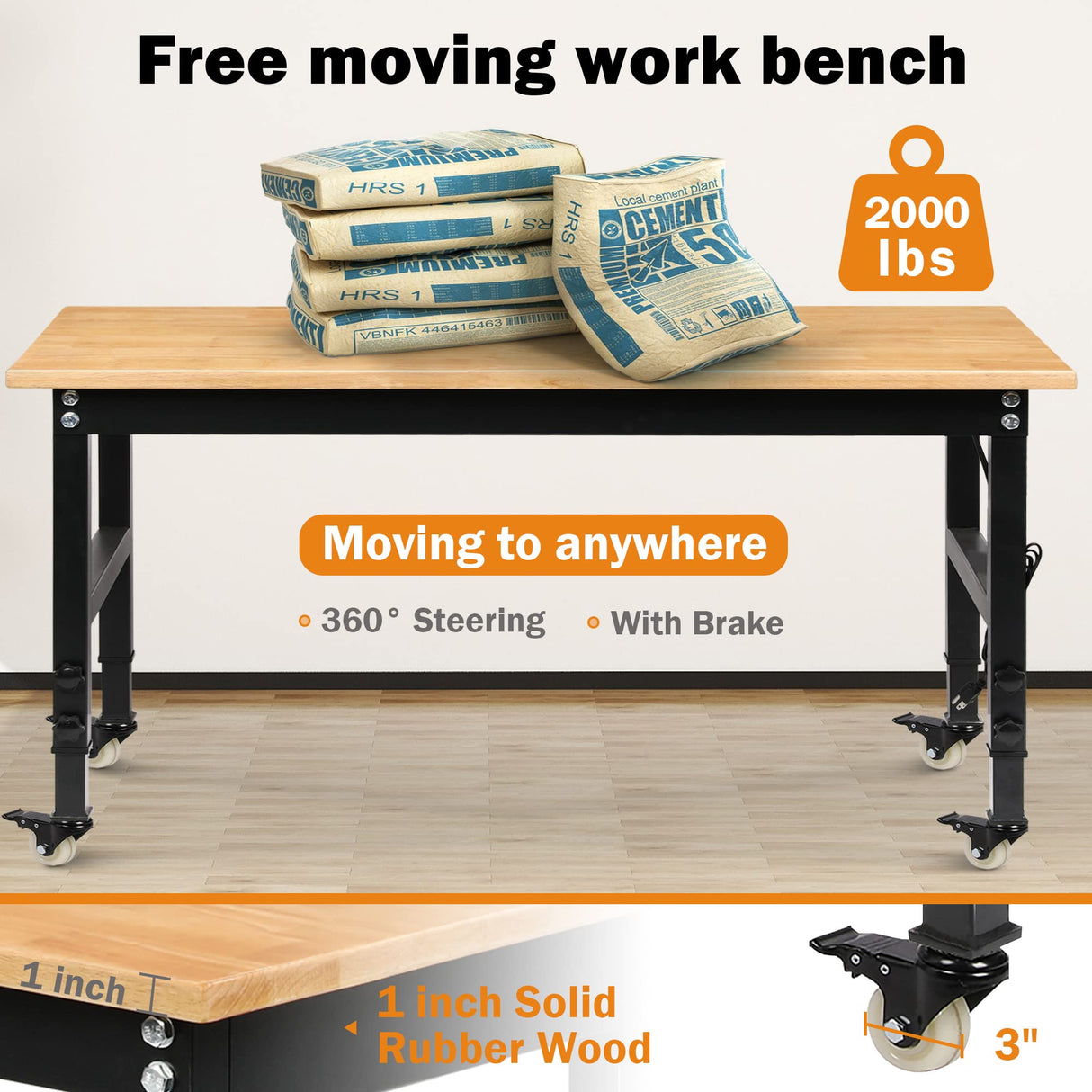 Betterhood 60" Adjustable Workbench for Garage, Rubber Wood Heavy Duty Workstation with Power Outlets & Wheels, 2000 LBS Load Capacity Hardwood Betterhood