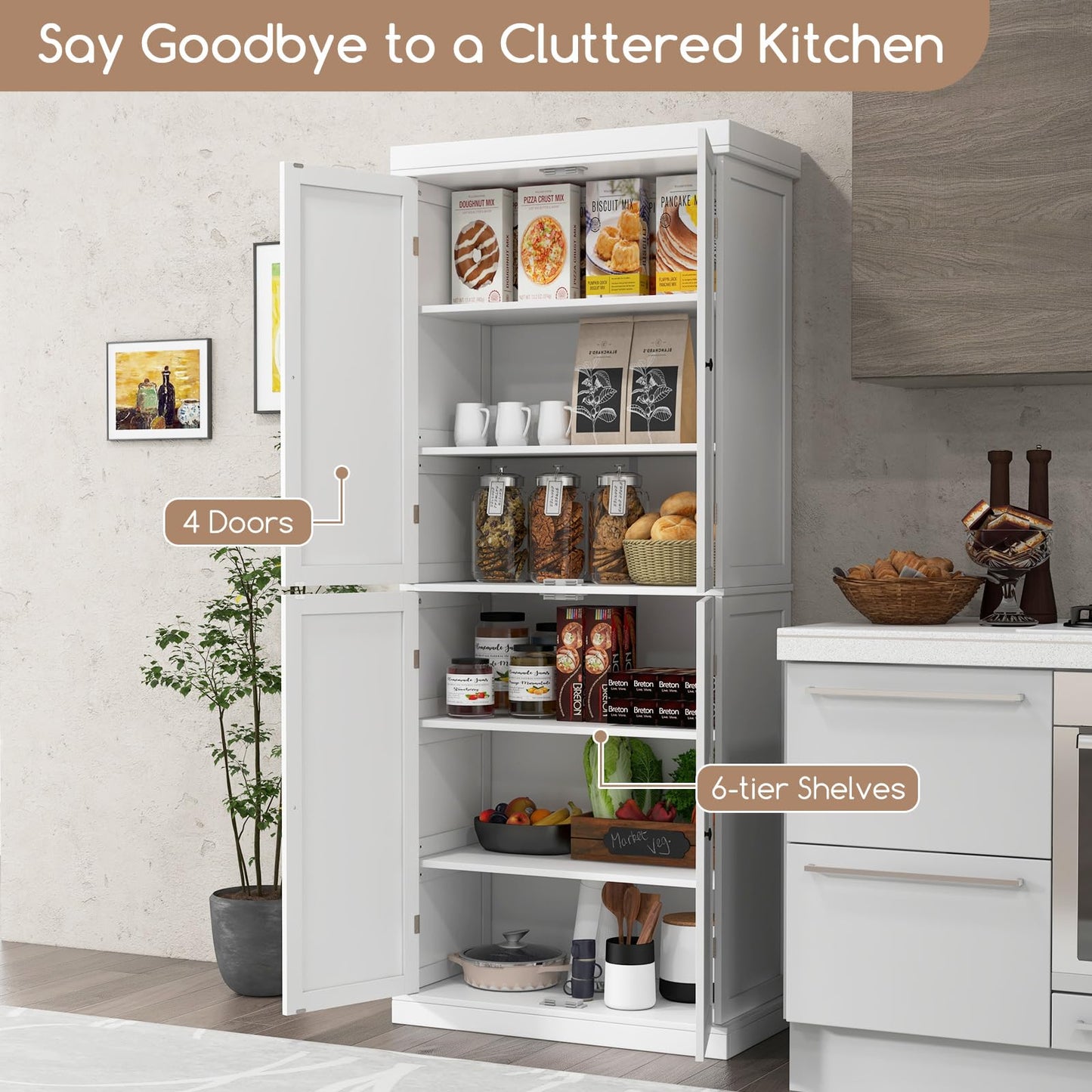 Giantex 4 Door Kitchen Pantry, 72.5” Tall Buffet Cabinet, Freestanding Modern Storage Cabinet Organizer w/ 6-Tier Shelves, 2 Adjustable Shelves,