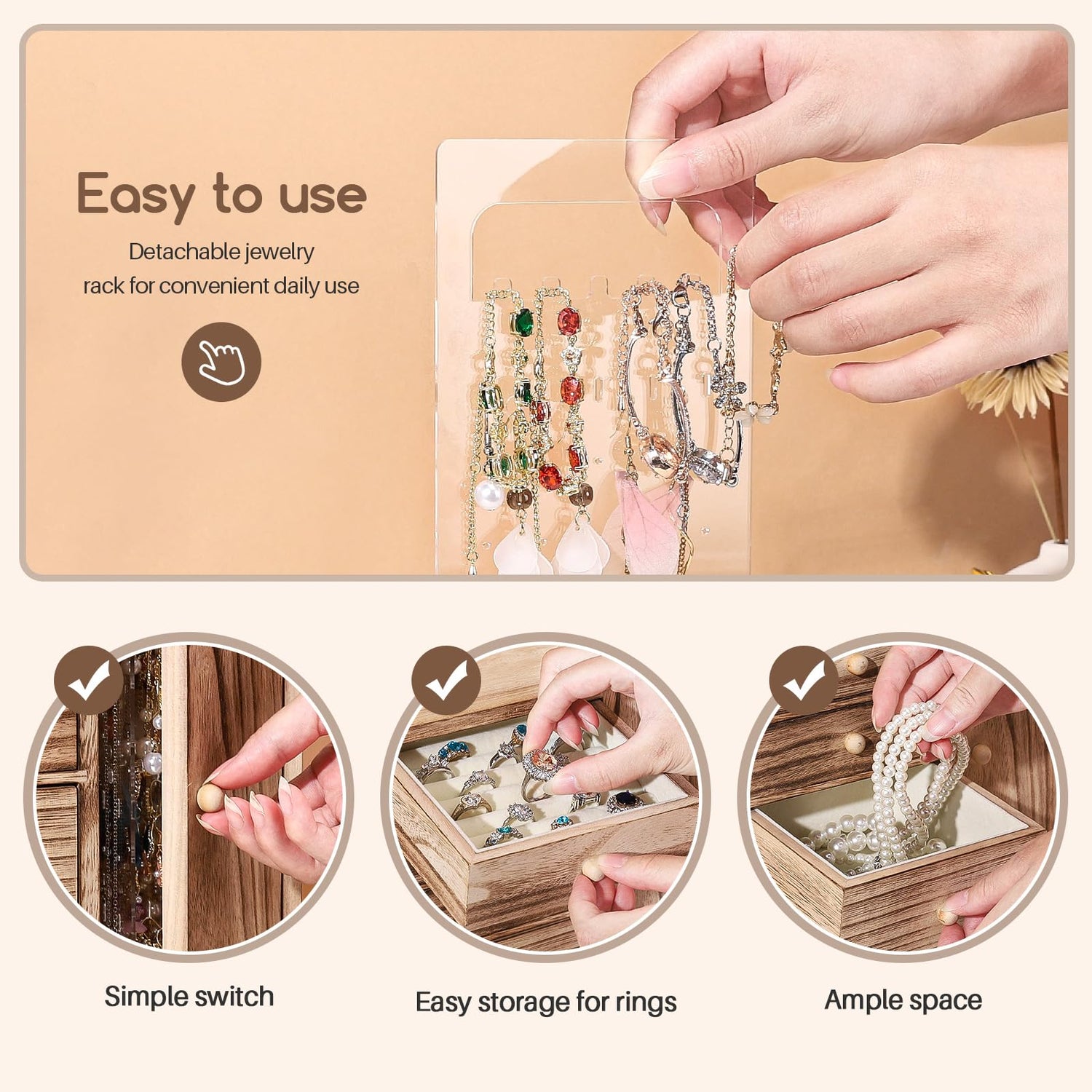 Homde Wood Jewelry Organizer 5 Layer Jewelry Box for Rings, Necklaces, Earrings, Bracelets, Watches Rustic Jewelry Boxes & Organizers for Women Homde