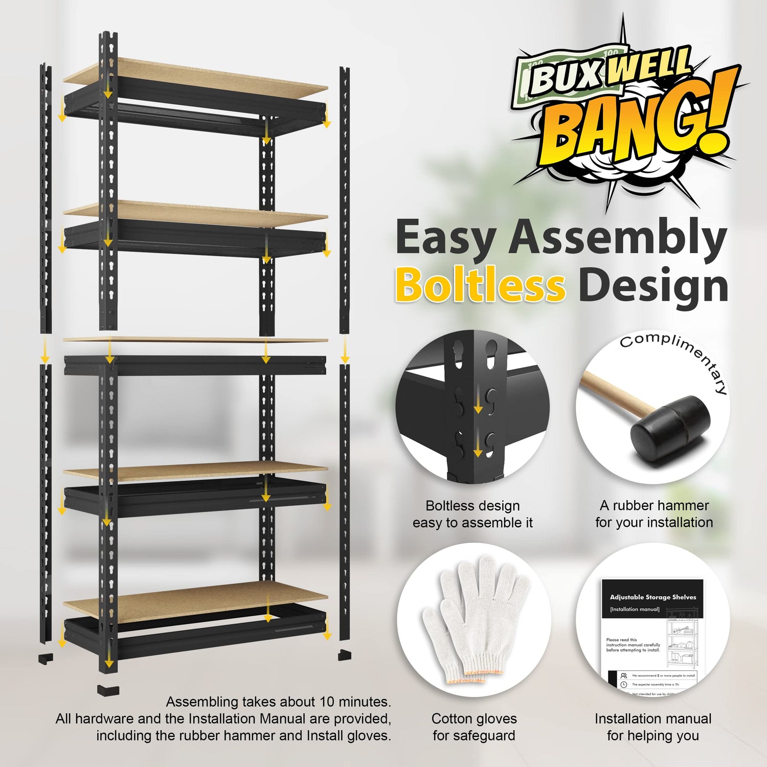 BuxWellBang 5-Shelf Heavy Duty Shelving - Adjustable Garage Storage Shelves, Metal Utility Storage Racks for Warehouse Pantry Basement Kitchen, BuxWellBang