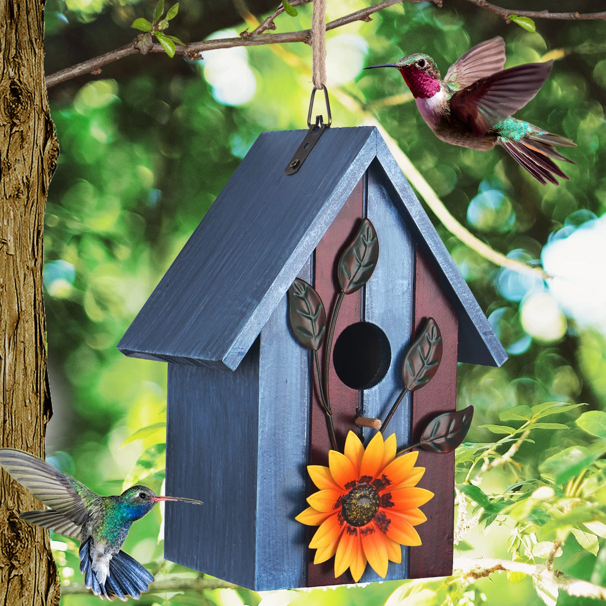 Birdhouse,Nesting Boxes for Birds, Rustic Wooden Flower Nesting Box for Birds for Outdoors, Hanging Bridal House for Garden Decoration, Blue LOTKEY