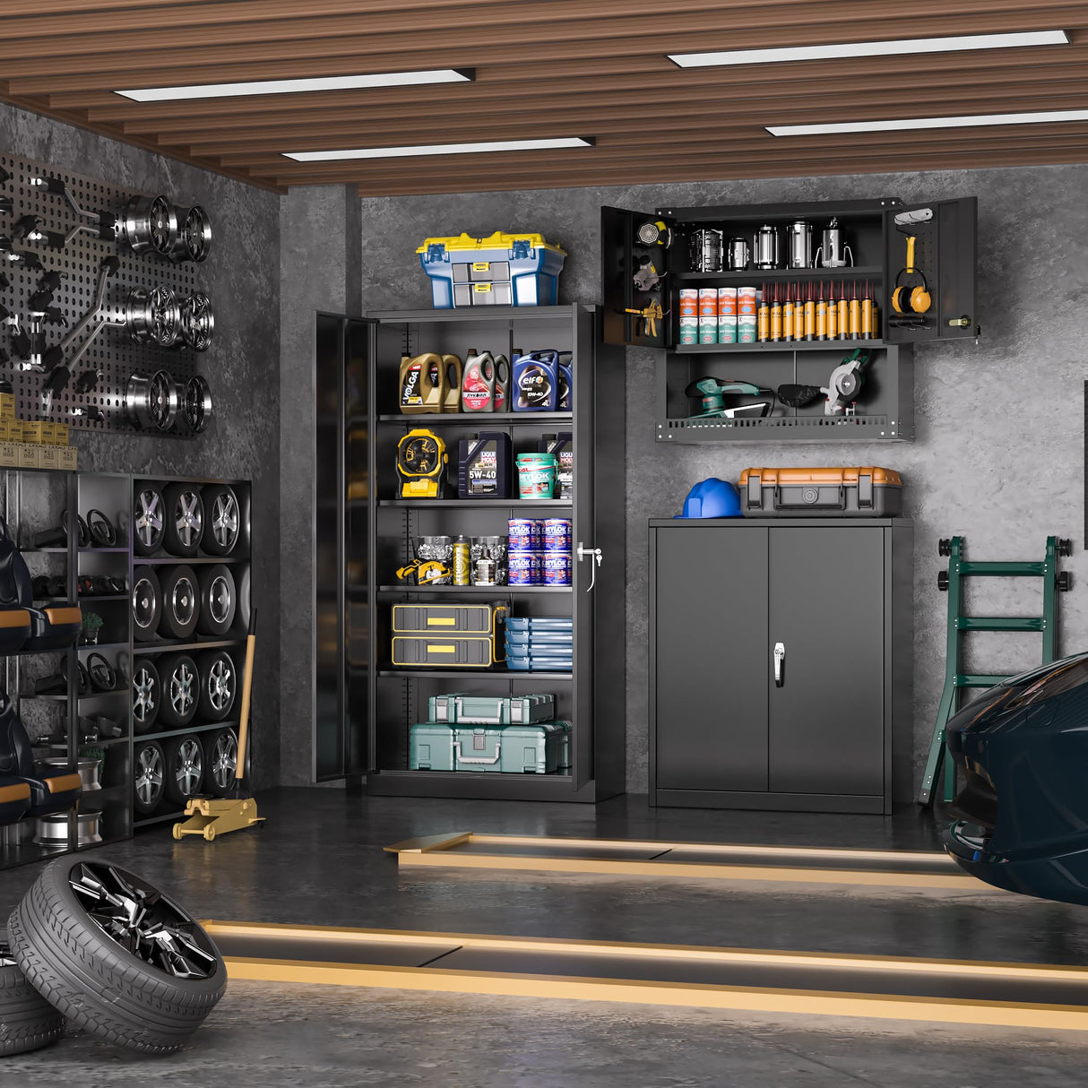 INTERGREAT Metal Garage Storage Cabinet with Lock, 72" H Storage Cabinets with Doors and Adjustable Shelves, Black Lockable Steel Supply Cabinet for INTERGREAT
