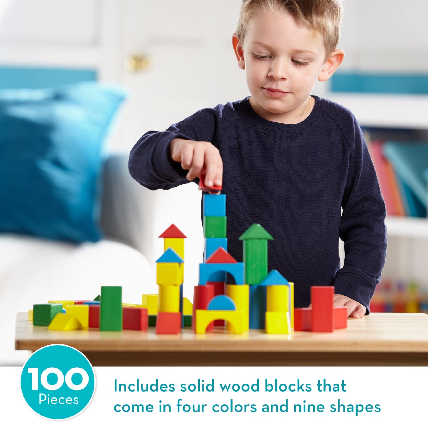 Melissa & Doug Wooden Building Set - 100 Blocks in 4 Colors and 9 Shapes - WoodArtSupply