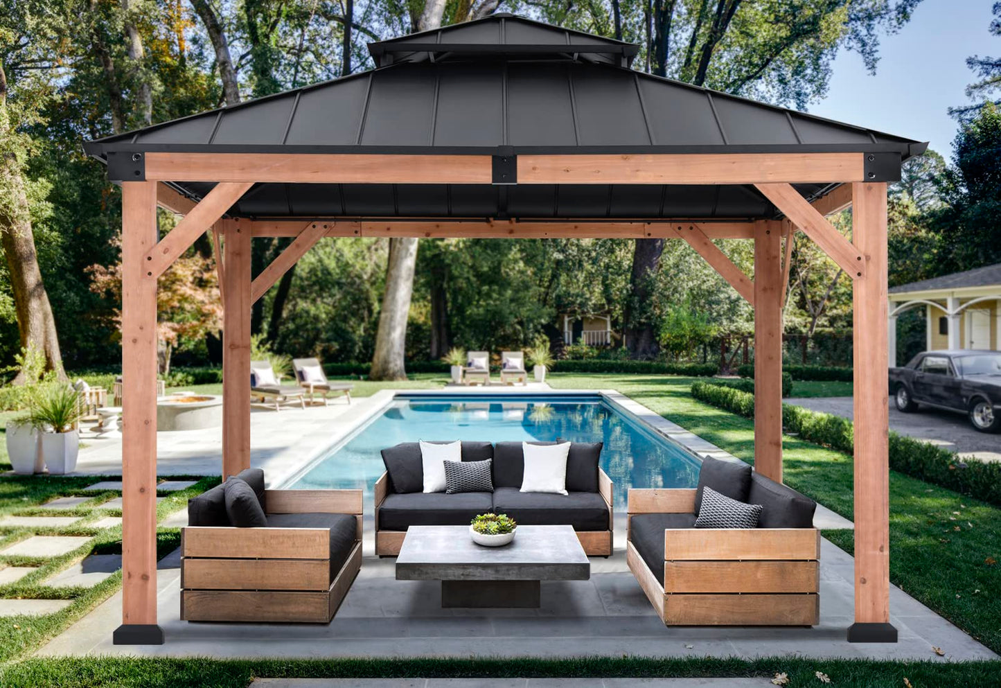 ABCCANOPY Wood Gazebo 11x11 - Outdoor Patio Wooden Gazebo with Hardtop Metal Double Roof for Garden, Backyard and Deck