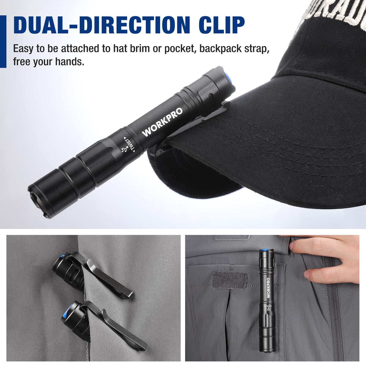 WORKPRO Rechargeable Pen Light, Mini Flashlight, 2 Pack Ultra-Compact EDC Flashlight, Pocket Flashlight with Clip, Memory Function and 2 x USB C WORKPRO