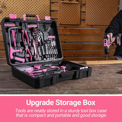 Pink Drill Tool Kit Set: 20V Cordless Power Drill Tool Box with Battery Electric Drill Driver for Men Home Hand Repair Basic Toolbox Tools Sets