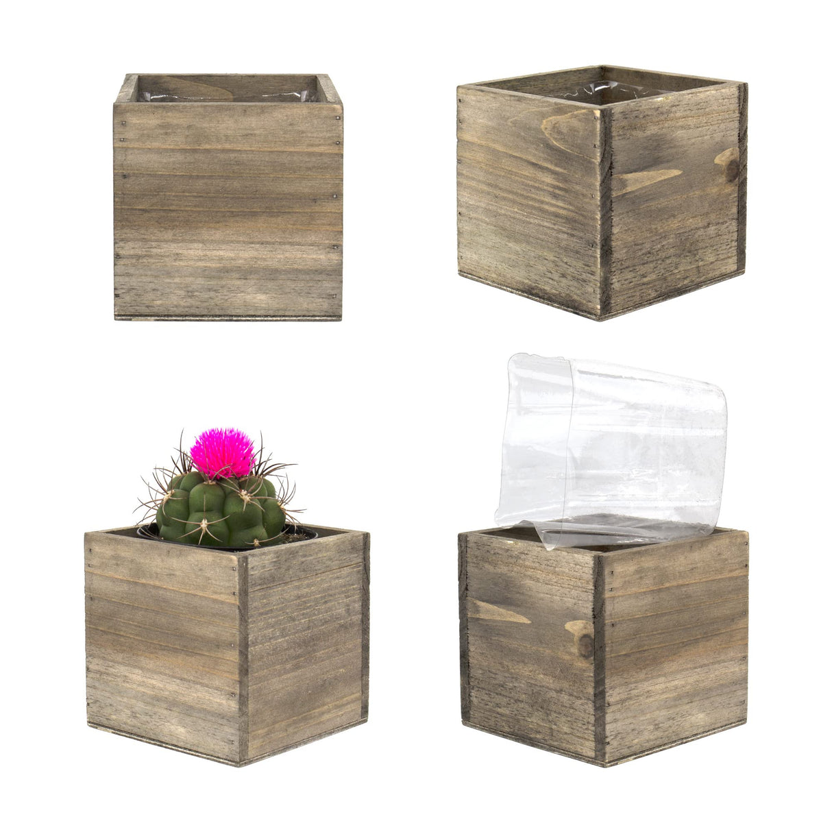 CYS EXCEL Cube Planter Box with Removable Plastic Liner (4"x4"x4")(4 PCS) | Multiple Size Choices Wood Square Planter | Indoor Decorative Window Box CYS EXCEL