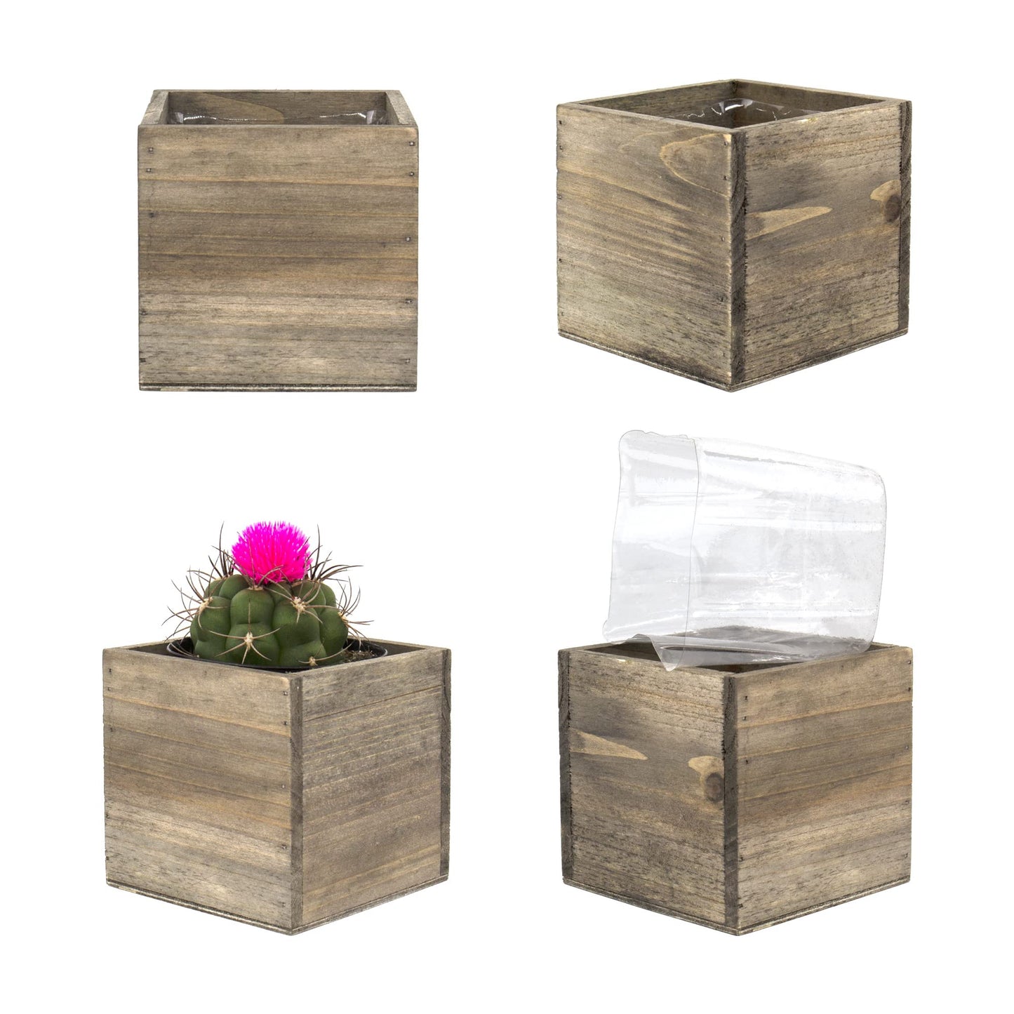 CYS EXCEL Cube Planter Box with Removable Plastic Liner (4"x4"x4")(4 PCS) | Multiple Size Choices Wood Square Planter | Indoor Decorative Window Box - WoodArtSupply