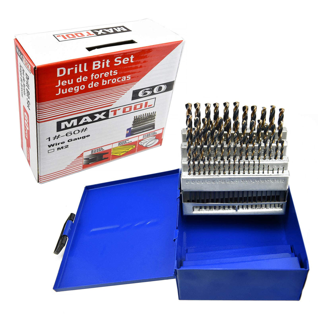 MaxTool 60 Pieces Drill Set 60PCs/60-Piece Twist Drill Bit Set High Speed Steel M2 Fully Ground Wire Gauge/Number 1-60; JBS02H10R060 MaxTool