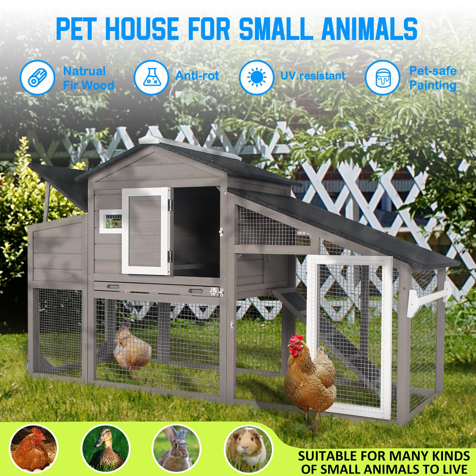 PetsCosset Chicken Coop Wooden Backyard Hen House - Indoor Outdoor for 2-3 Chickens, 2 Story Poultry Cage with Run, Chicken Nesting Box, Pull Out - WoodArtSupply