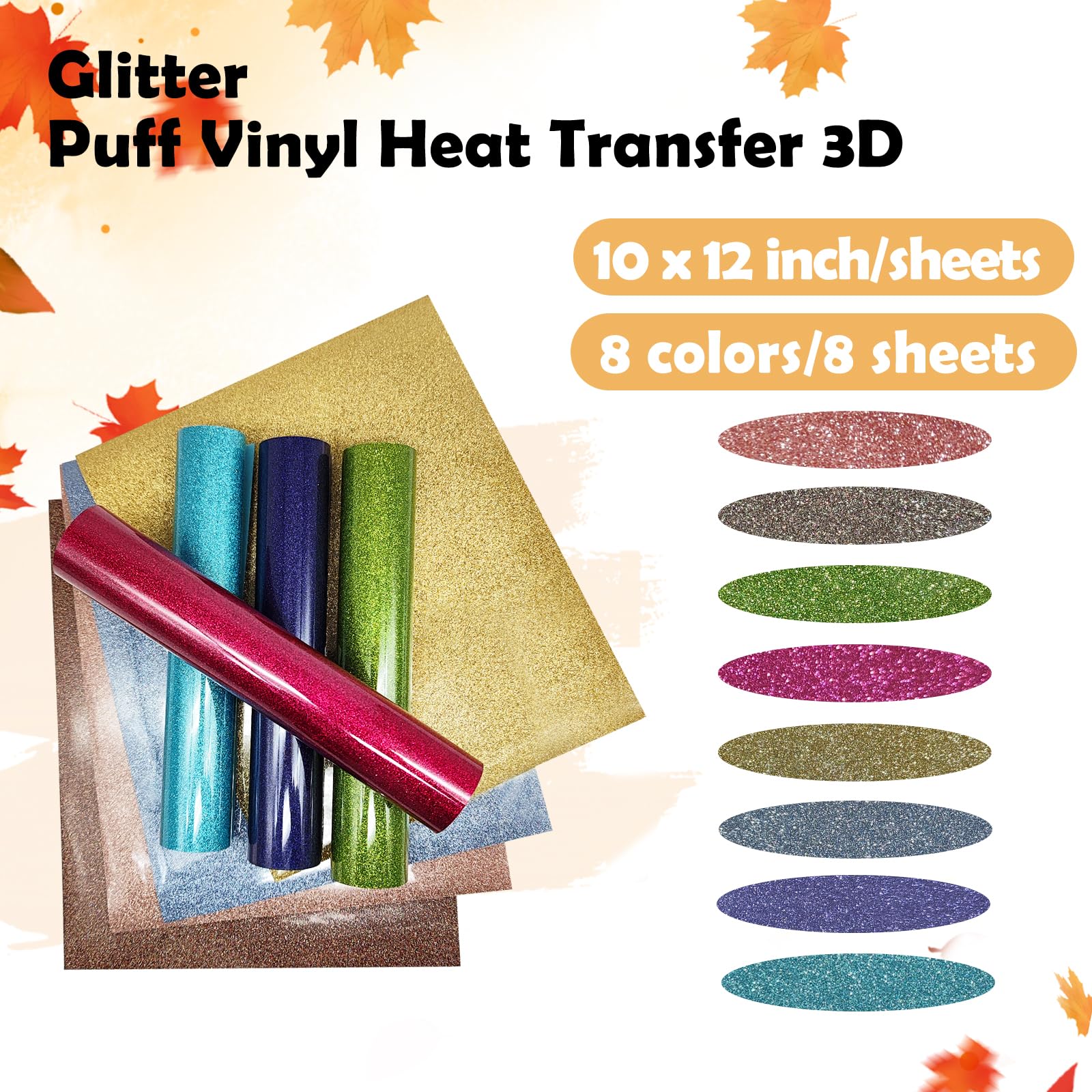 TransWonder Puff Vinyl Heat Transfer - 3D Puff Vinyl Bundle Assorted Colors  Puff Heat Transfer Vinyl HTV 8 Sheets for Heat Press T Shirt Compatible