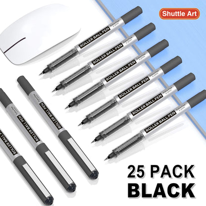 Shuttle Art RollerBall Pens, 25 Pack Black Fine Point Roller Ball Pens, 0.5mm Liquid Ink Pens for Writing Journaling Taking Notes School Office - WoodArtSupply