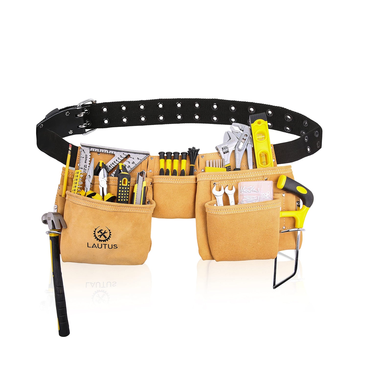LAUTUS Suede Tool Belt/Pouch/Bag/Work Apron | Carpenter, Construction, Framers, Electrician |11 Pockets | Adjustable Double Pronged Belt | 2 Hammer LAUTUS