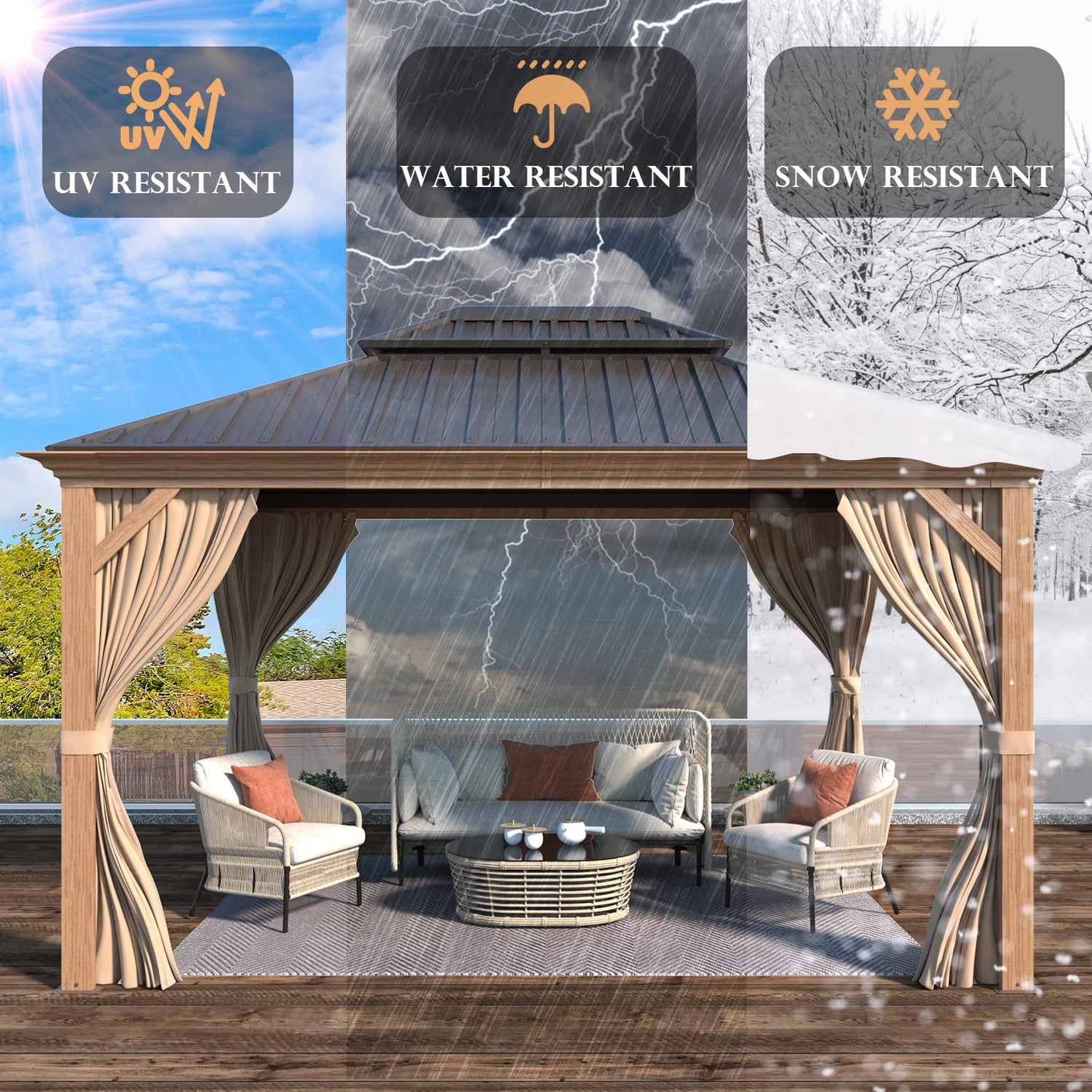 MELLCOM 10'x12' Hardtop Gazebo, Wooden Finish Coated Aluminum Frame Gazebo with Galvanized Steel Double Roof, Brown Metal Gazebo with Curtains and MELLCOM