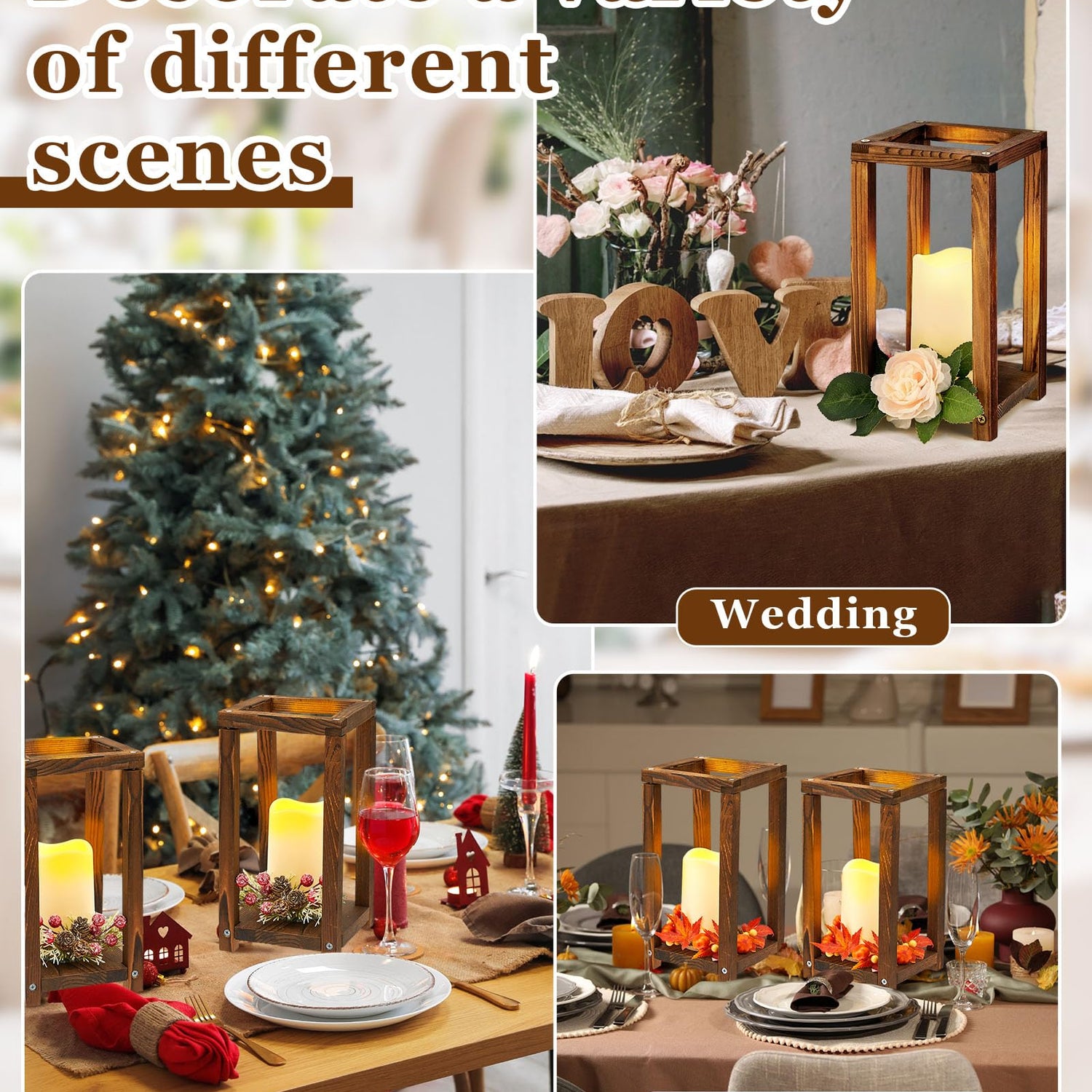 Huquary 16 Pcs Wooden Candle Lantern Set Includes 8 Rustic Wedding Centerpieces for Table Farmhouse Wooden Candle Holder and 8 Flameless Decorative Huquary