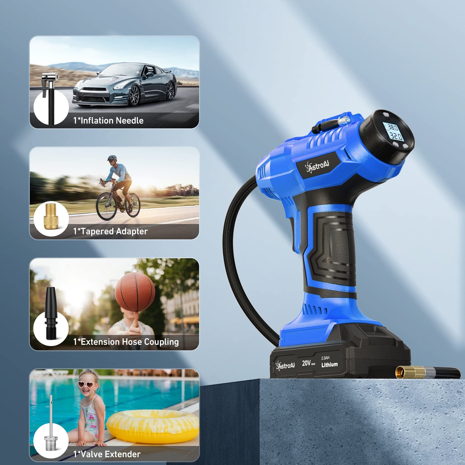 AstroAI Cordless Tire Inflator Air Compressor 20V Rechargeable Battery Powered 160PSI Portable Handheld Air Pump with 12V Car Power Adapter Digital AstroAI