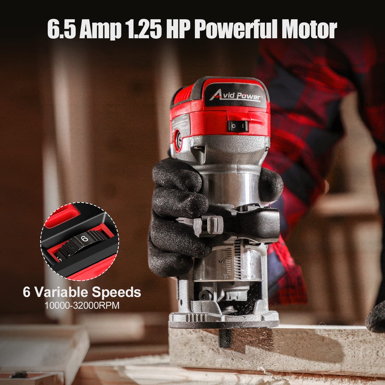 AVID POWER 6.5 Amp 1.25 HP Compact Router Tools for Woodworking, Fixed Base Wood Router with Trim Router Bits, 6 Variable Speeds, Edge Guide, Roller AVID POWER