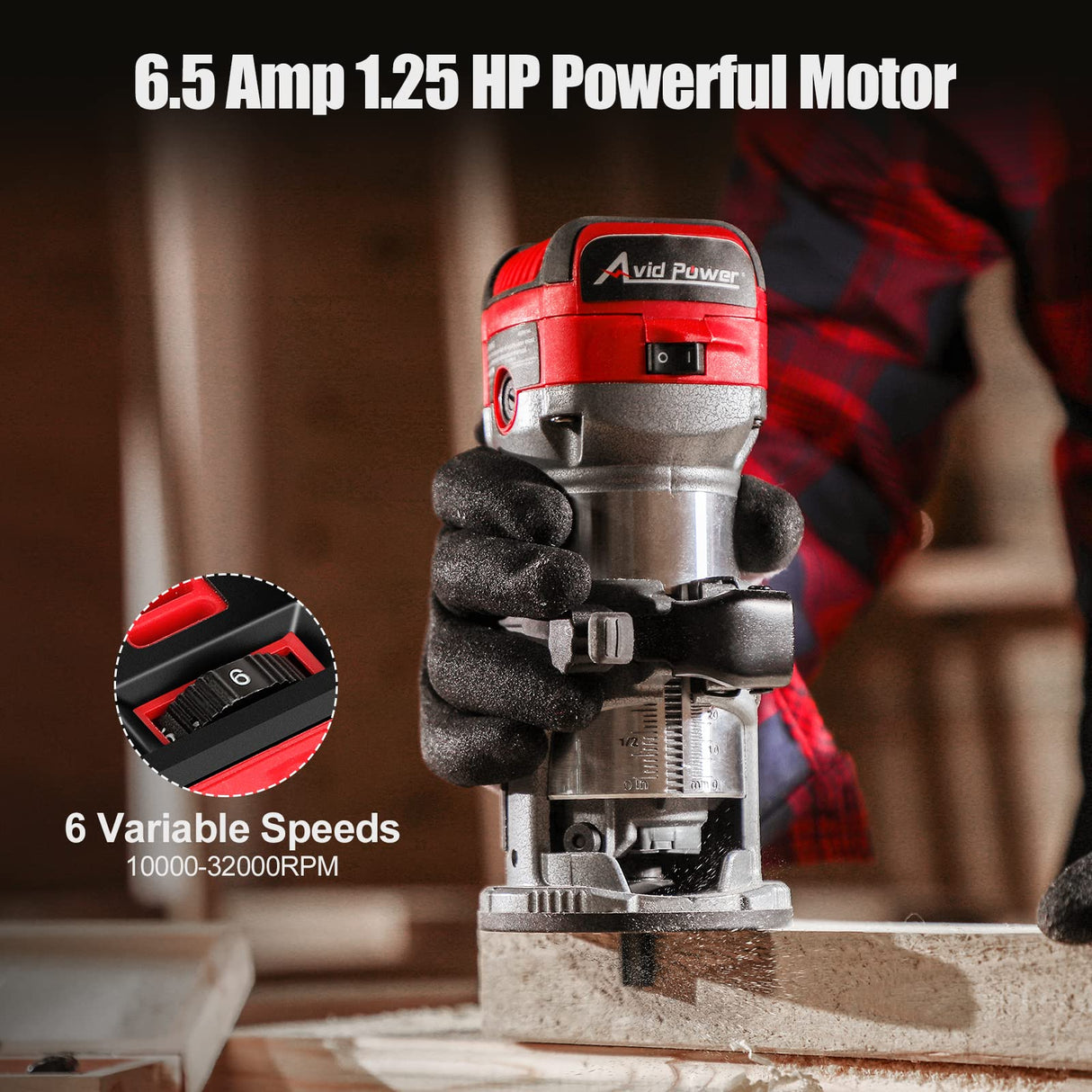 AVID POWER 6.5 Amp 1.25 HP Compact Router Tools for Woodworking, Fixed Base Wood Router with Trim Router Bits, 6 Variable Speeds, Edge Guide, Roller AVID POWER