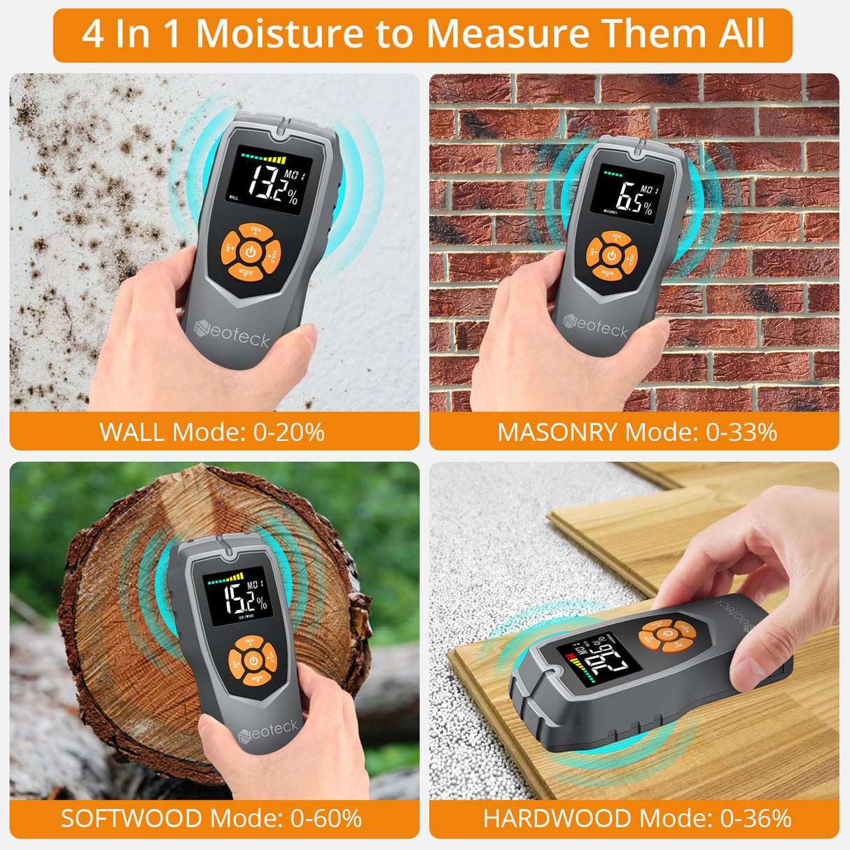 Neoteck Pinless Moisture Meter Non-Destructive Wood Moisture Meter Wood Moisture Detector with LCD Display Sound Alarm for Walls, Drywall, Wood, Neoteck
