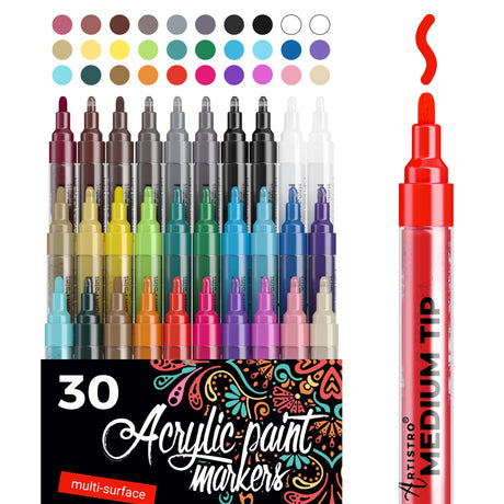 ARTISTRO Acrylic Paint Markers Pens – 30 Acrylic Paint Pens Medium Tip (2mm) - Great for Rock Painting, Wood, Fabric, Card, Paper, Ceramic & Glass - ARTISTRO