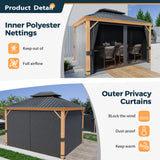 HAPPATIO 10' x 12' Hardtop Gazebo, Outdoor Wood Grain Frame Aluminum Metal Gazebo with Galvanized Steel Double Roof，Patio Gazebo Canopy with Netting HAPPATIO