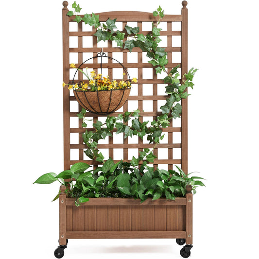 Yaheetech 50" H Raised Garden Bed with Trellis & Wheels Standing Vertical Horticulture Planter Box for Vine Climbing Plants, Flowers, Herbs Brown