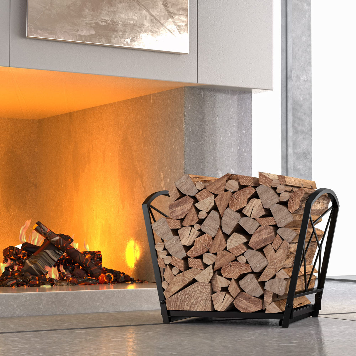 Fire Beauty Firewood Log Rack, Iron Wood Lumber Storage Holder for Fireplace, Heavy Duty Log Storage Bin for Firepit Stove Accessories Fire Beauty