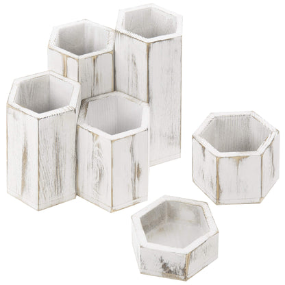 MyGift 6 Piece Set Rustic Wood Hexagon Shape Jewelry Riser Organizer Stand for Necklace, Earrings, Bracelet Display, Makeup Tools Storage Cups