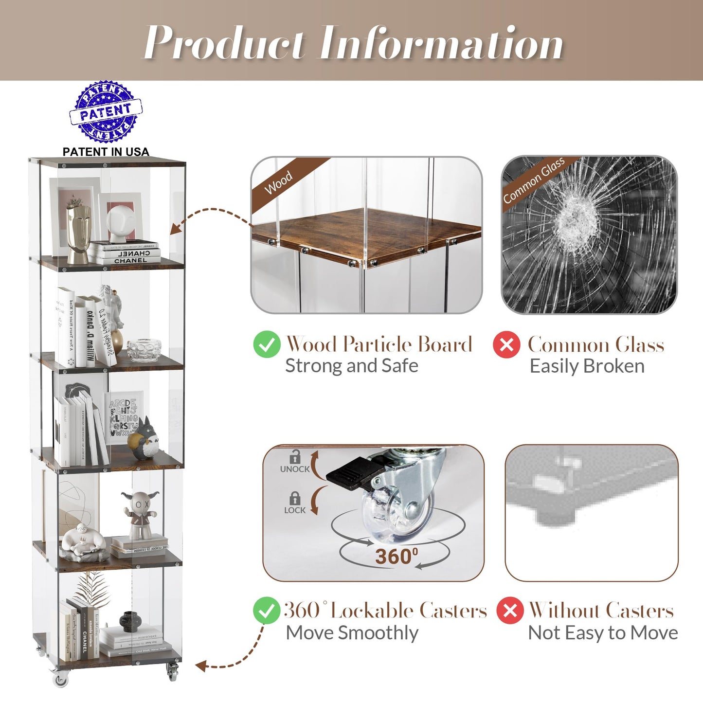 Sttoraboks 6-Tier Display Cabinet with Wheels - Dark Brown Acrylic and Wood Bookcase - WoodArtSupply