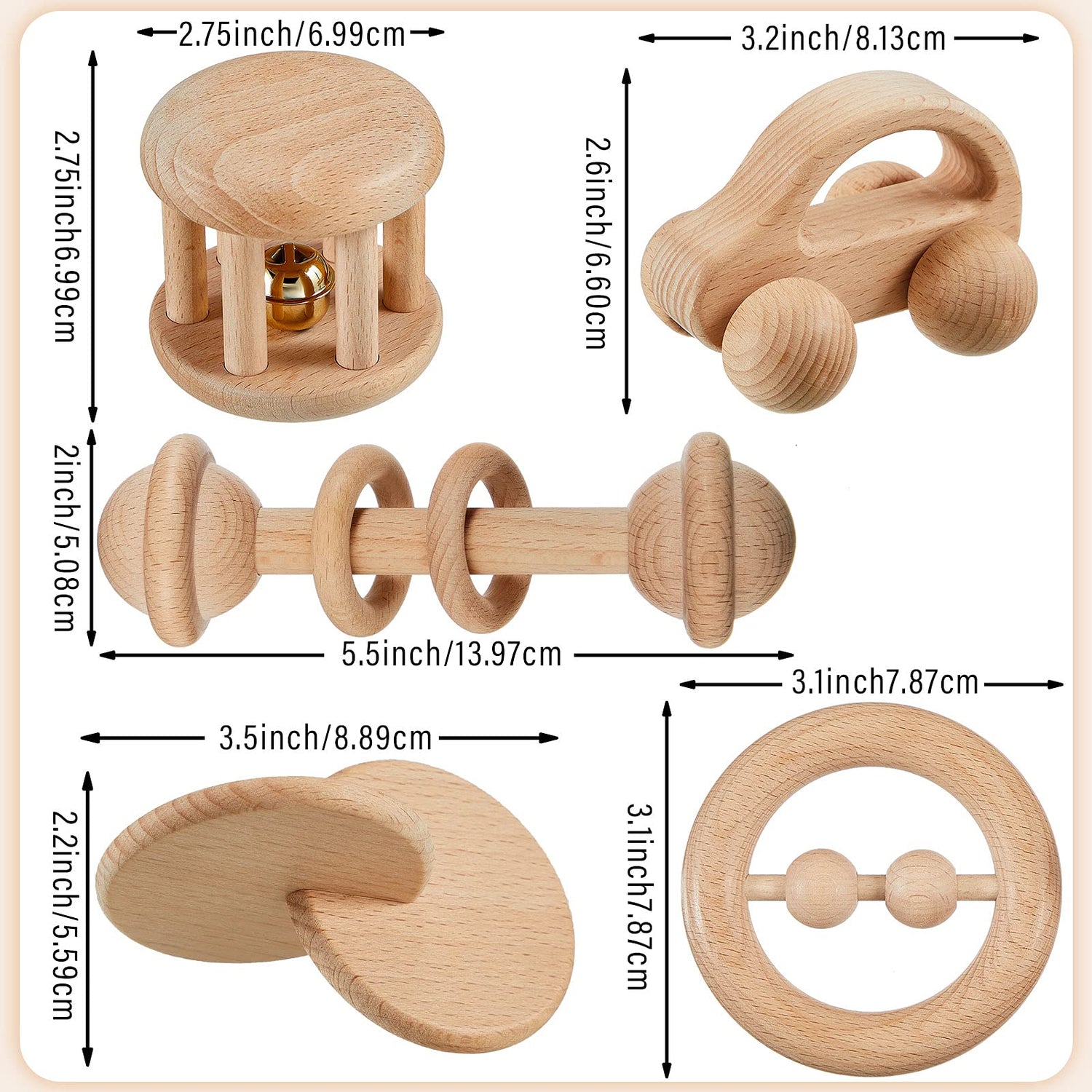 5 Pieces Wooden Baby Toys Wooden Toys for Babies 0-6-12 Months Wood Toys Rattles with Bells Montessori Wood Baby Push Car Wooden Newborn Toy for Zhanmai