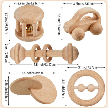 5 Pieces Wooden Baby Toys Wooden Toys for Babies 0-6-12 Months Wood Toys Rattles with Bells Montessori Wood Baby Push Car Wooden Newborn Toy for Zhanmai