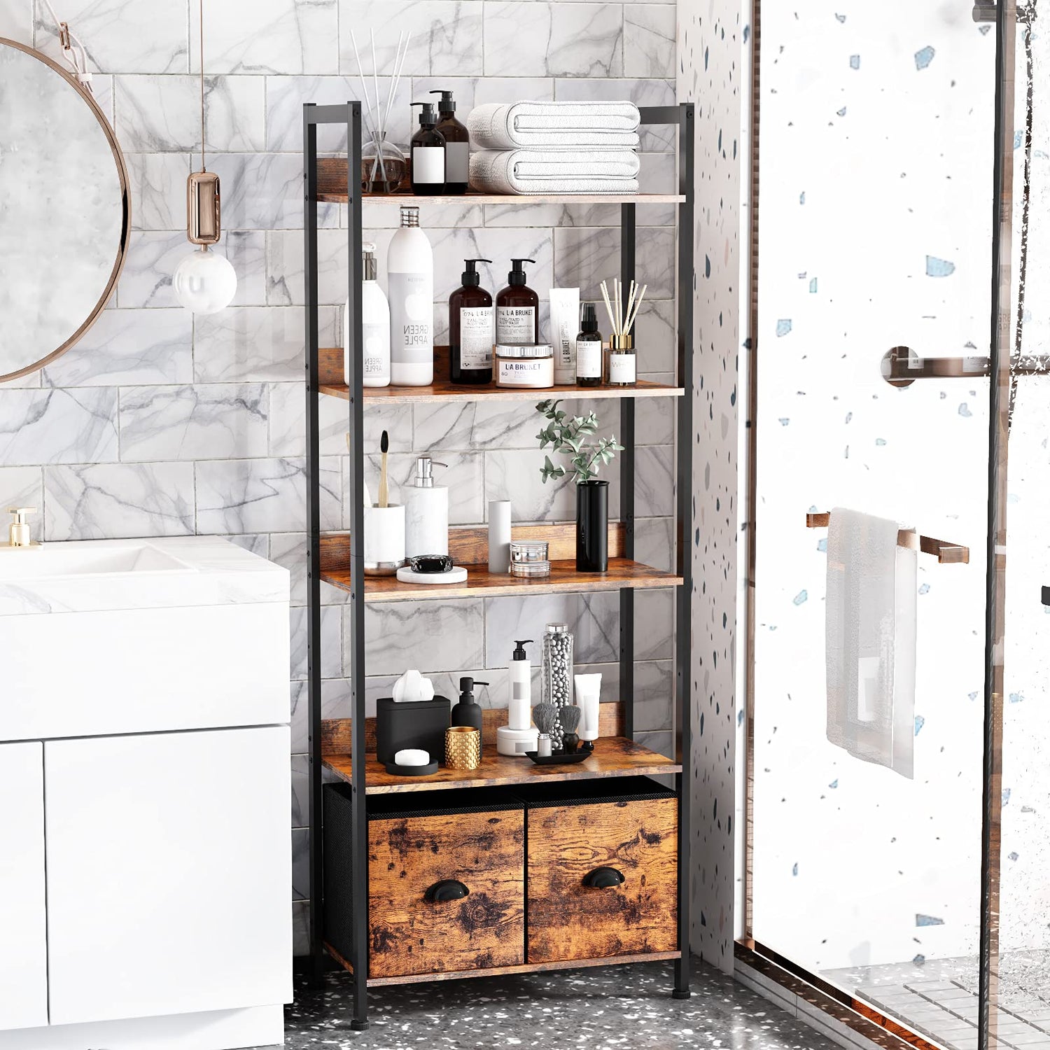 Furologee Adjustable 5-Tier Bookshelf with 2 Fabric Drawers - Industrial Wooden and Metal Storage Unit Furologee