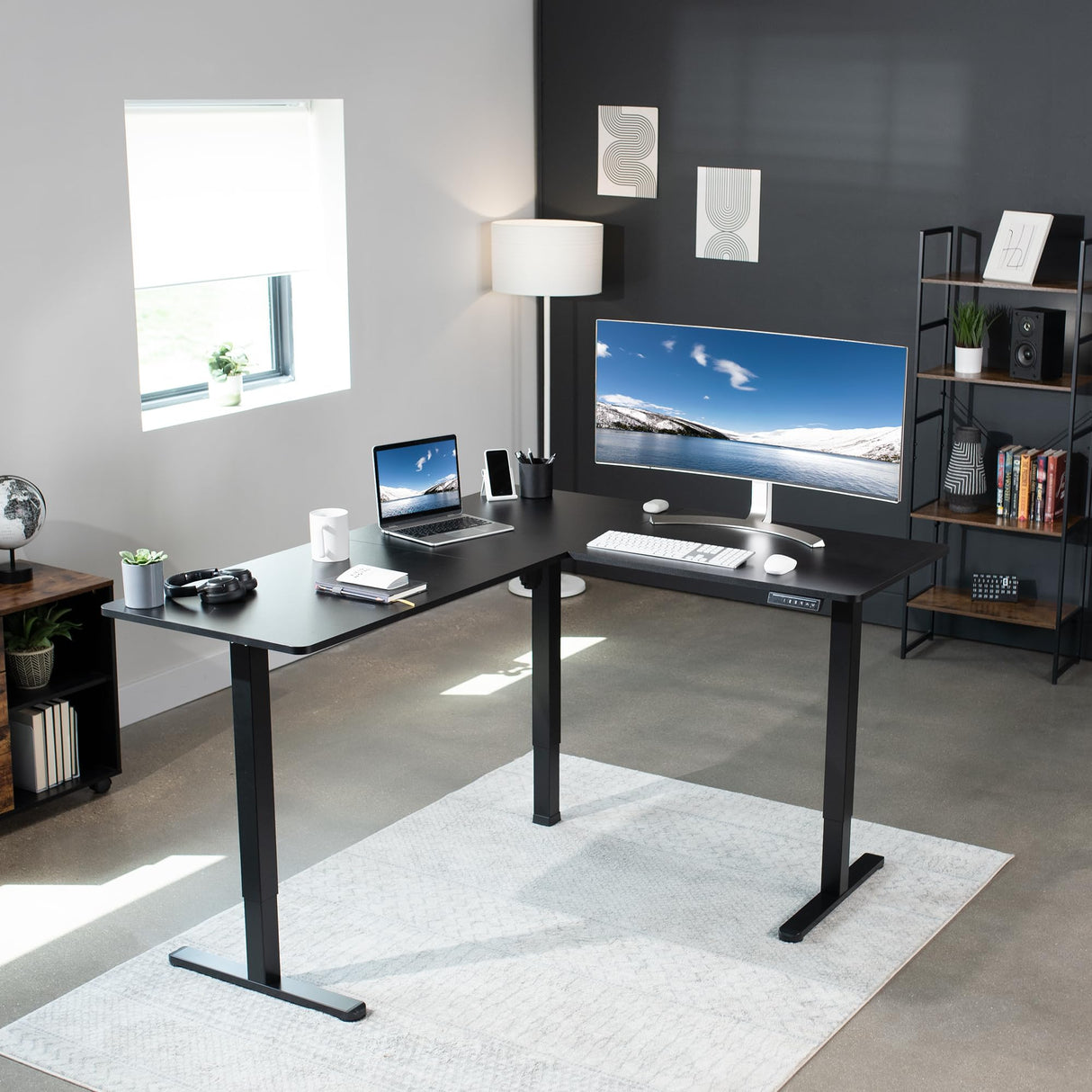 VIVO Electric Height Adjustable 63 x 55 inch Corner Stand Up Desk, Black Table Top, Black Frame, L-Shaped Standing Workstation, 3CT Series, VIVO