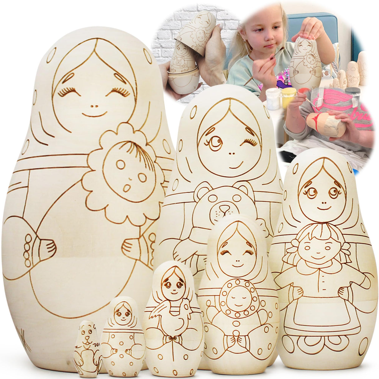 AEVVV Unfinished Wood Crafts to Paint Your Own Matryoshka Doll, 7 pcs - Unpainted Russian Nesting Dolls DIY Projects, Arts and Crafts - Russian Dolls AEVVV
