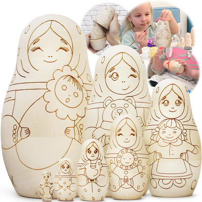 AEVVV Unfinished Wood Crafts to Paint Your Own Matryoshka Doll, 7 pcs - Unpainted Russian Nesting Dolls DIY Projects, Arts and Crafts - Russian Dolls