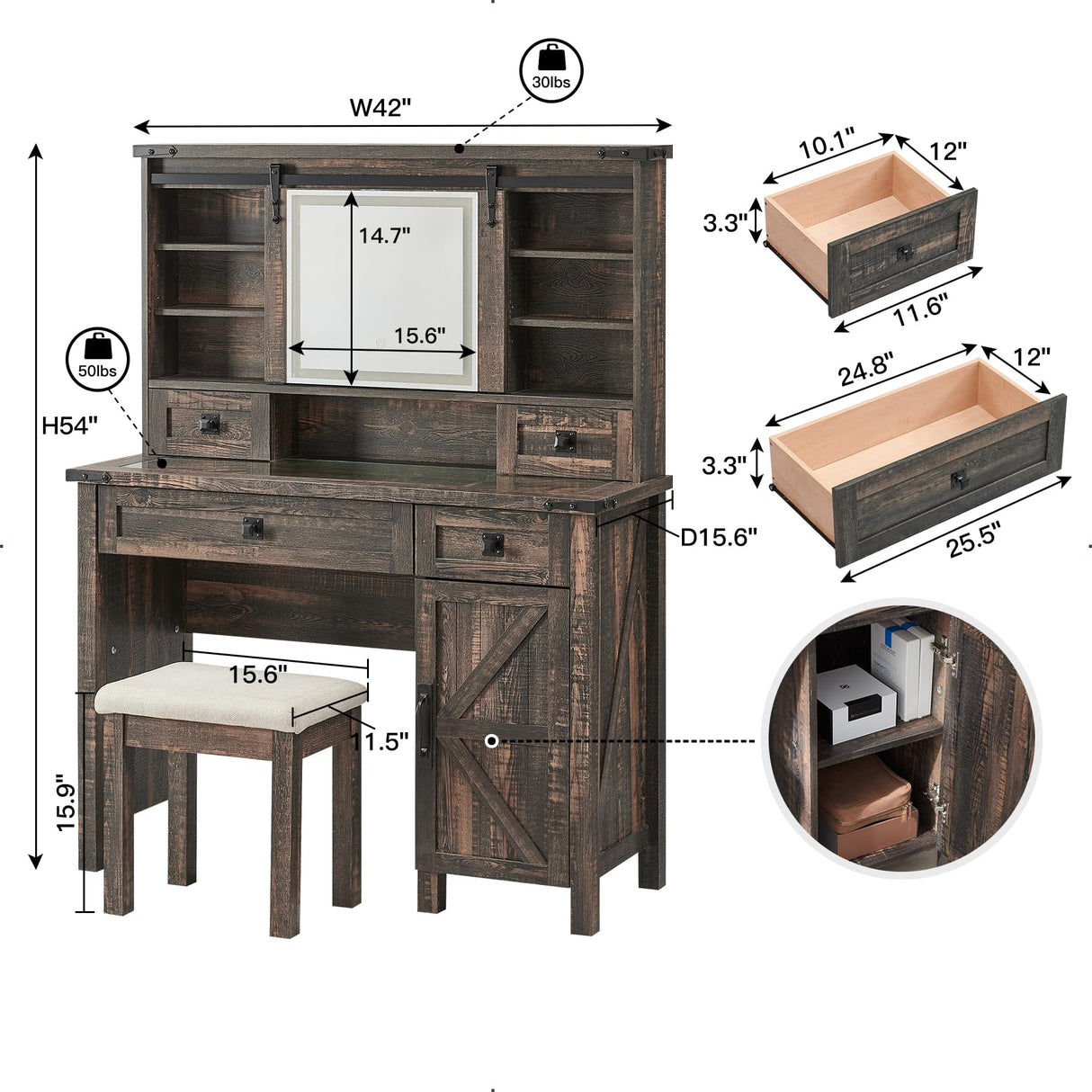 T4TREAM Farmhouse Makeup Vanity Desk with Sliding Mirror and Lights, 42'' Glass Tabletop Vanity Table with 2 Drawers & Shelves, Rustic Big Vanity Set T4TREAM