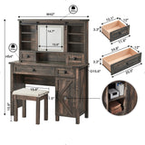 T4TREAM Farmhouse Makeup Vanity Desk with Sliding Mirror and Lights, 42'' Glass Tabletop Vanity Table with 2 Drawers & Shelves, Rustic Big Vanity Set T4TREAM