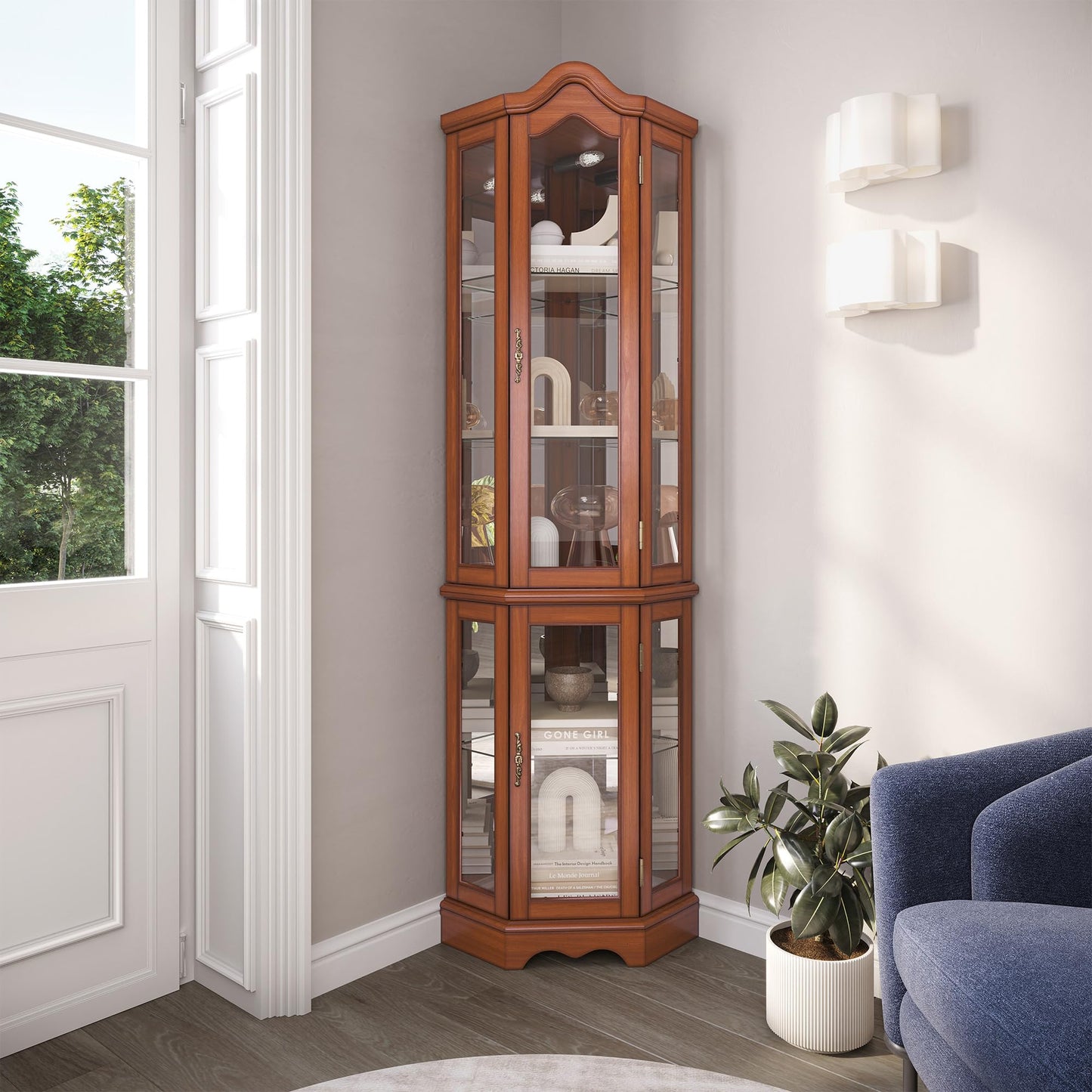 BELLEZE Lighted 3-Side Glass Display Curio Cabinet w/Tempered Glass Doors and Shelves, Curved Wood Corner Cabinet with Bulb, Corner Storage