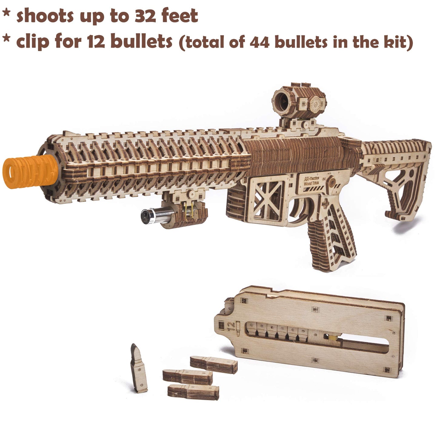 Wood Trick Assault Gun AR-T Model Kit for Adults and Teens to Build - with Telescoping Butt, Fuse, Sight and Clip for 12 Rounds - Detailed - WoodArtSupply