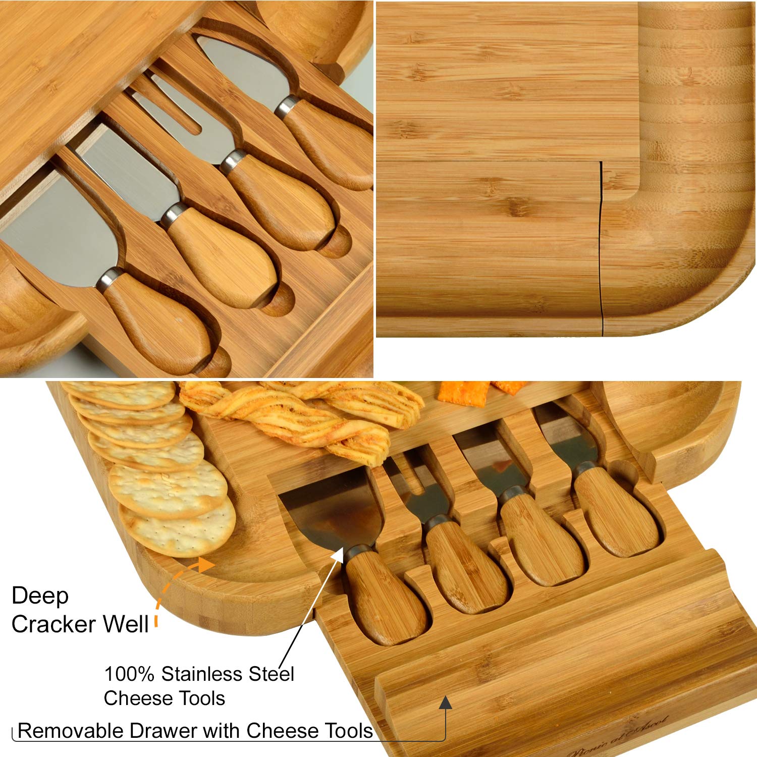 Custom Personalized Engraved Bamboo Cheese/Charcuterie Cutting Board with Knife Set & Cheese Markers- Designed & Quality Checked in USA - WoodArtSupply