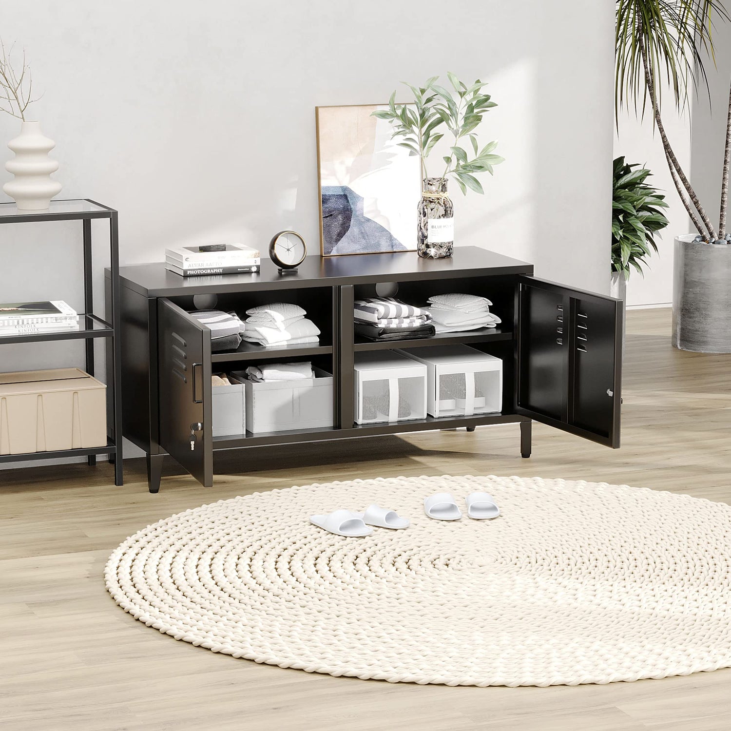 JAHRSTIM Metal Garage Storage Cabinet, Adjustable Shelves & Locking Doors - Garage Cabinets for TV Clothes Shoes Tool Storage and Ammo Locker - Black JAHRSTIM