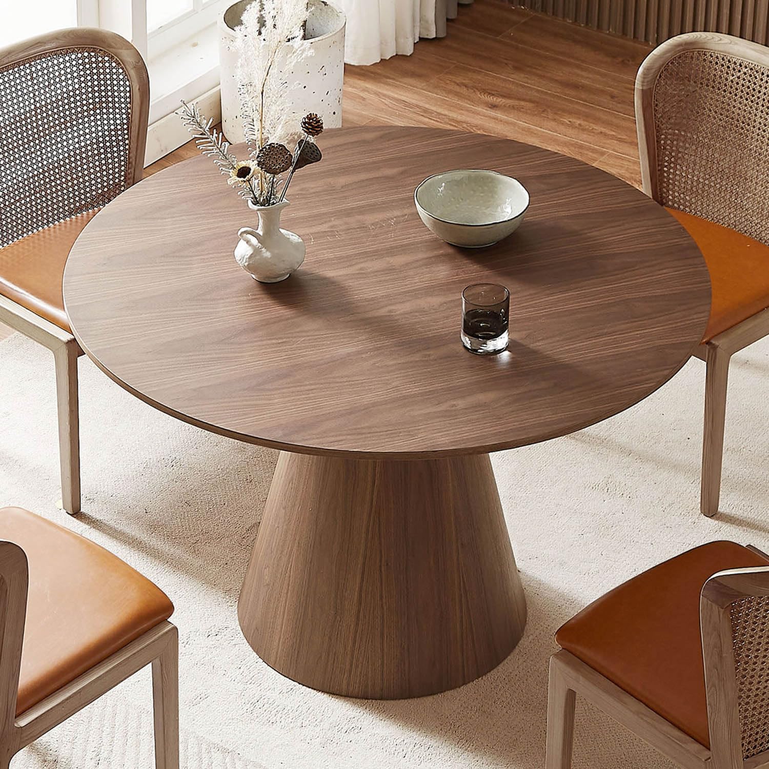 kevinplus 47.2'' Walnut Round Dining Table Kitchen Table for 4-6, Modern Contemporary Wood Circle Dining Room Table Kitchen Table with Cone Support, kevinplus