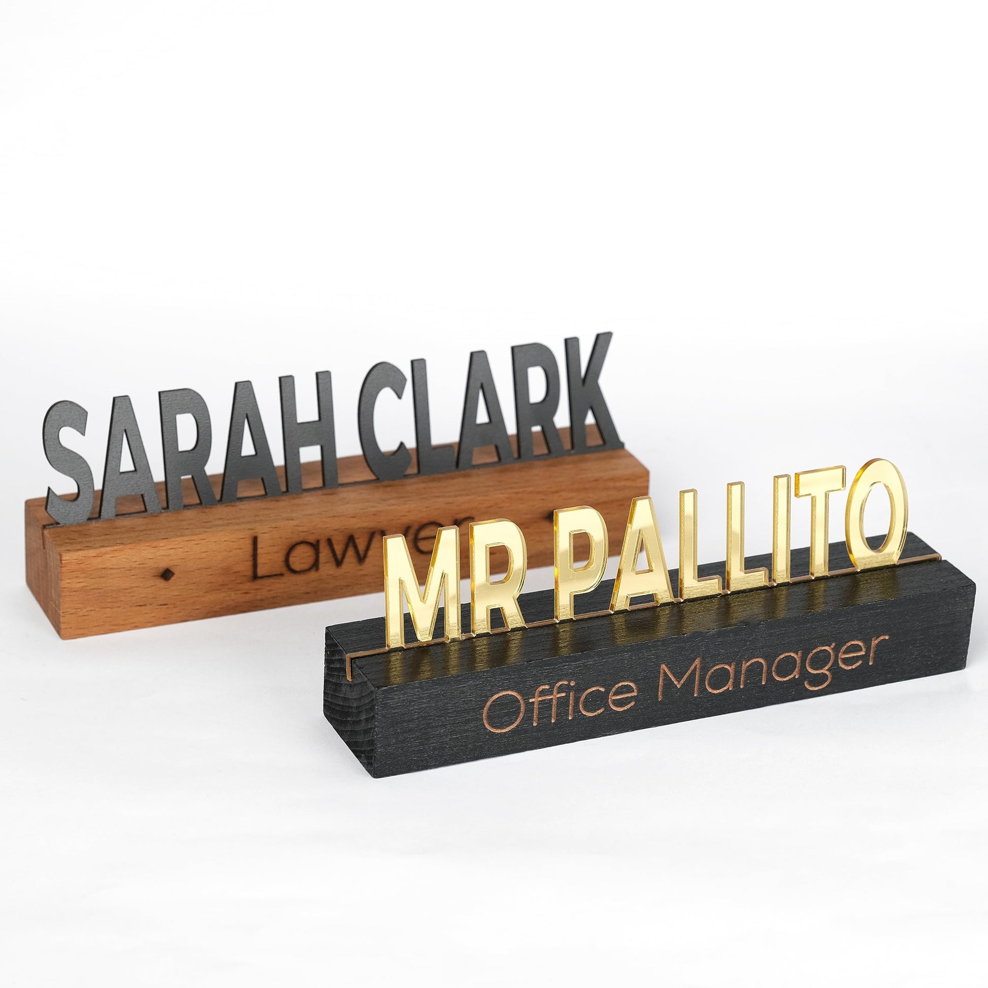 Personalized Desk Name Plate, Office Desk Sign, Custom Gold Acrylic on Black Wood Desk Name Plate - Personalized Office Decor - WoodArtSupply