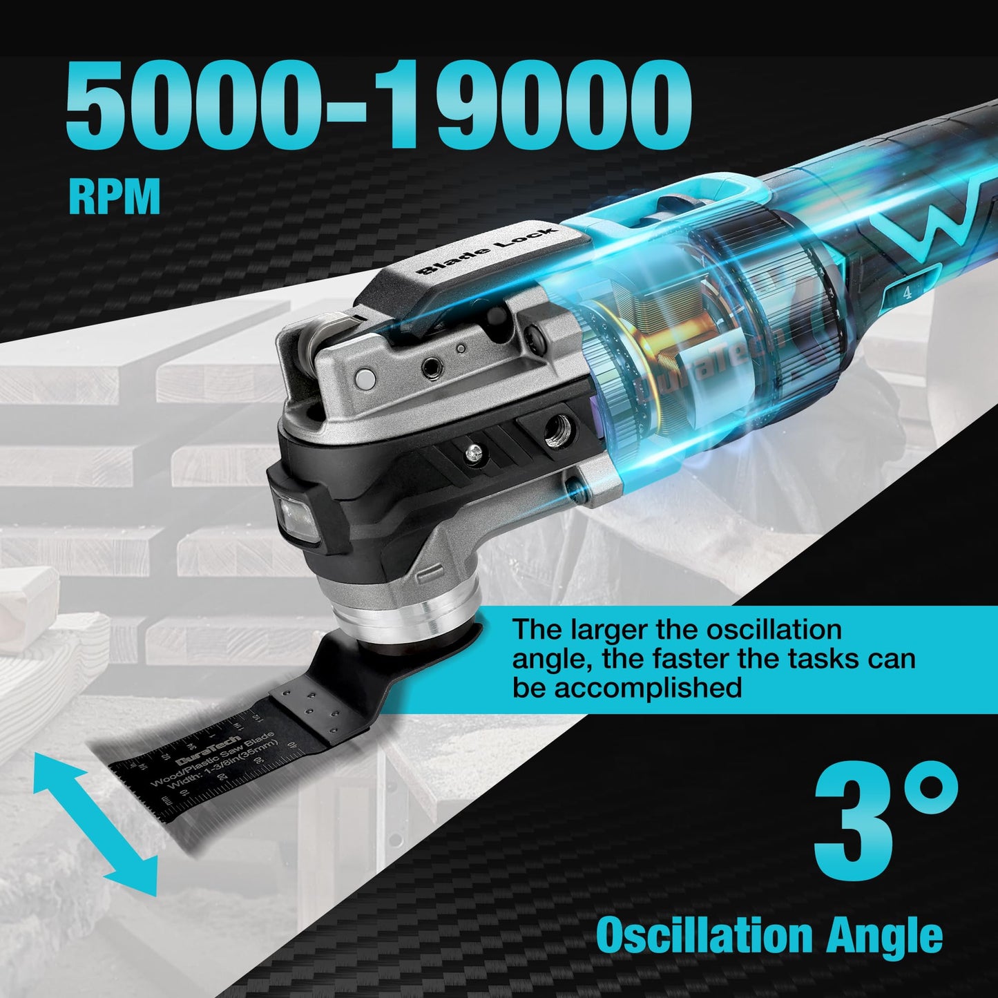 DURATECH Oscillating Tool, 20V Oscillating Multi Tool Kit with 6 Variable Speed, 3° Oscillation Angle, Auxiliary Handle & 23PCS Saw Accessories, - WoodArtSupply