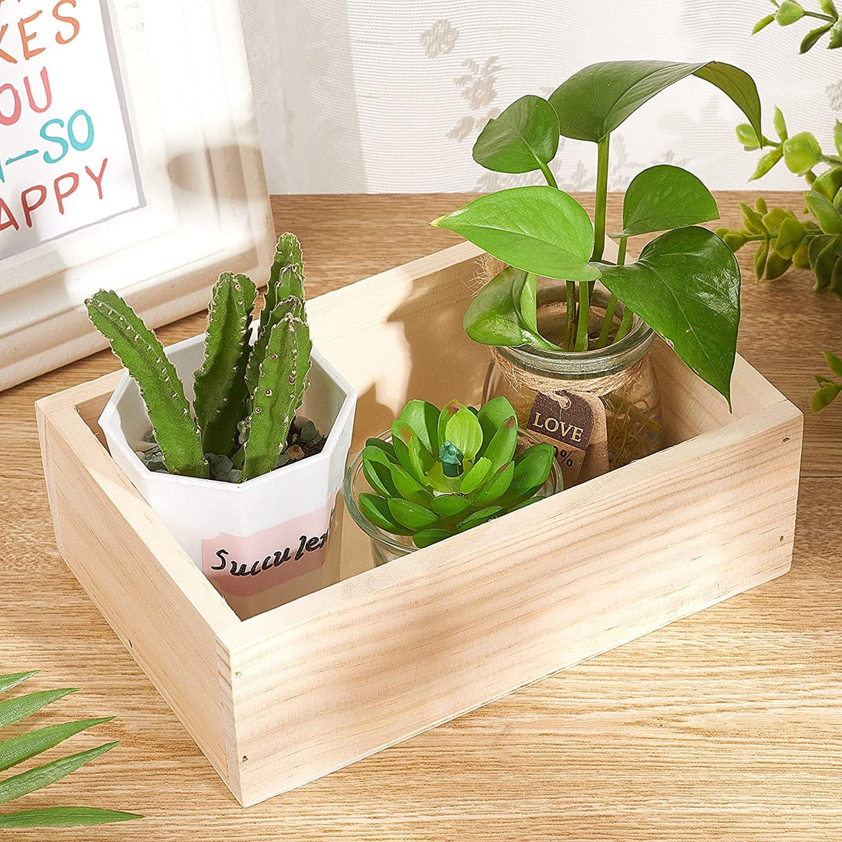 LONG TAO 2 Pcs 7.5" × 5" × 2.4" Natural Wooden Succulent Planter Plant Container Box Window Boxes Rectangular Flower Pot Storage Box for Indoor LONG TAO