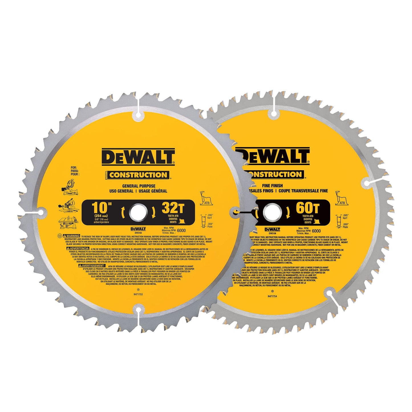 DEWALT 10-Inch Miter / Table Saw Blades, 60-Tooth Crosscutting & 32-Tooth General Purpose, Combo Pack (DW3106P5)
