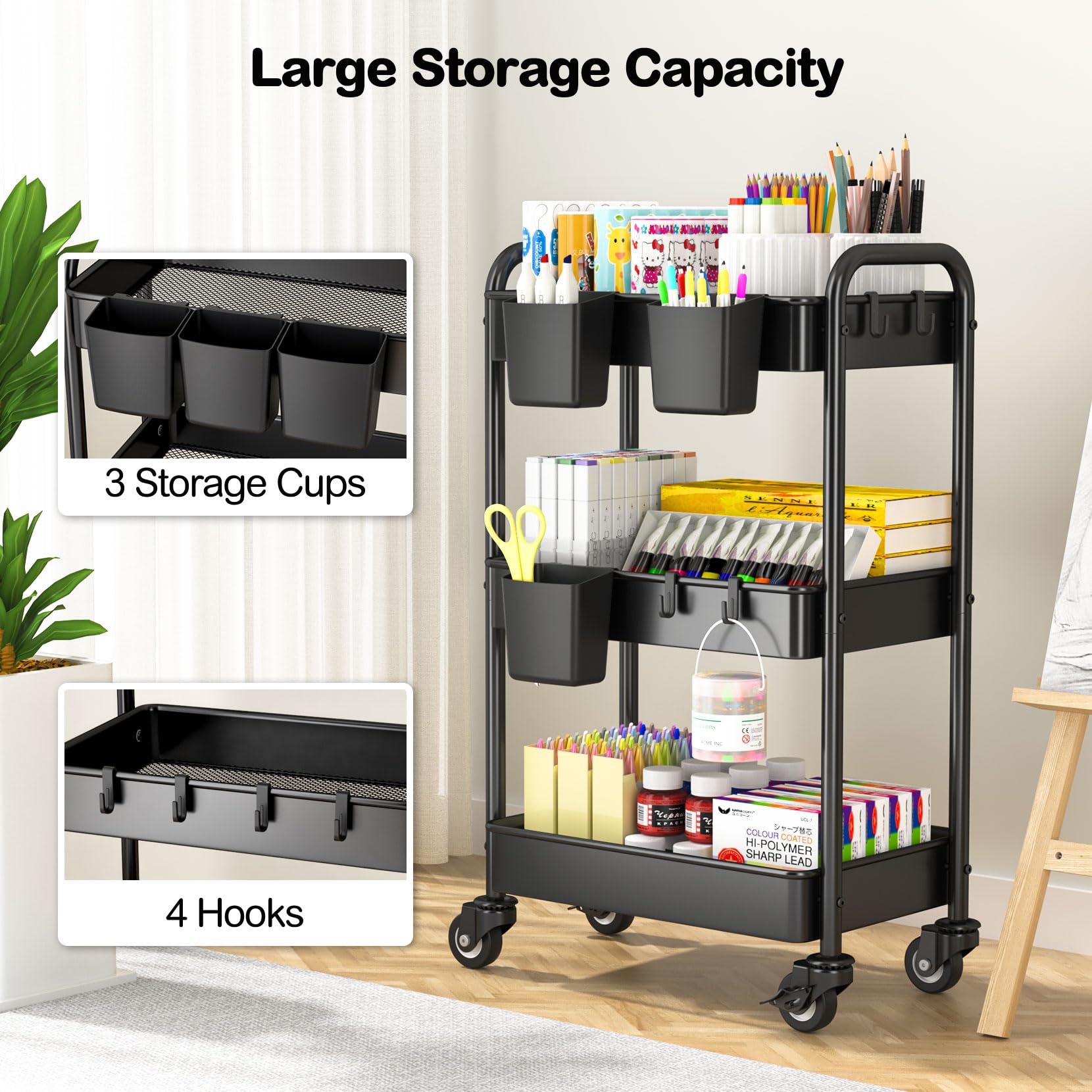 YASONIC 3 Tier Rolling Cart - Metal Utility Cart with 3 Hanging Cups & 4 Hooks, 66LBS Capacity, Mesh Rolling Storage Cart Organizer, Easy Assembly, - WoodArtSupply