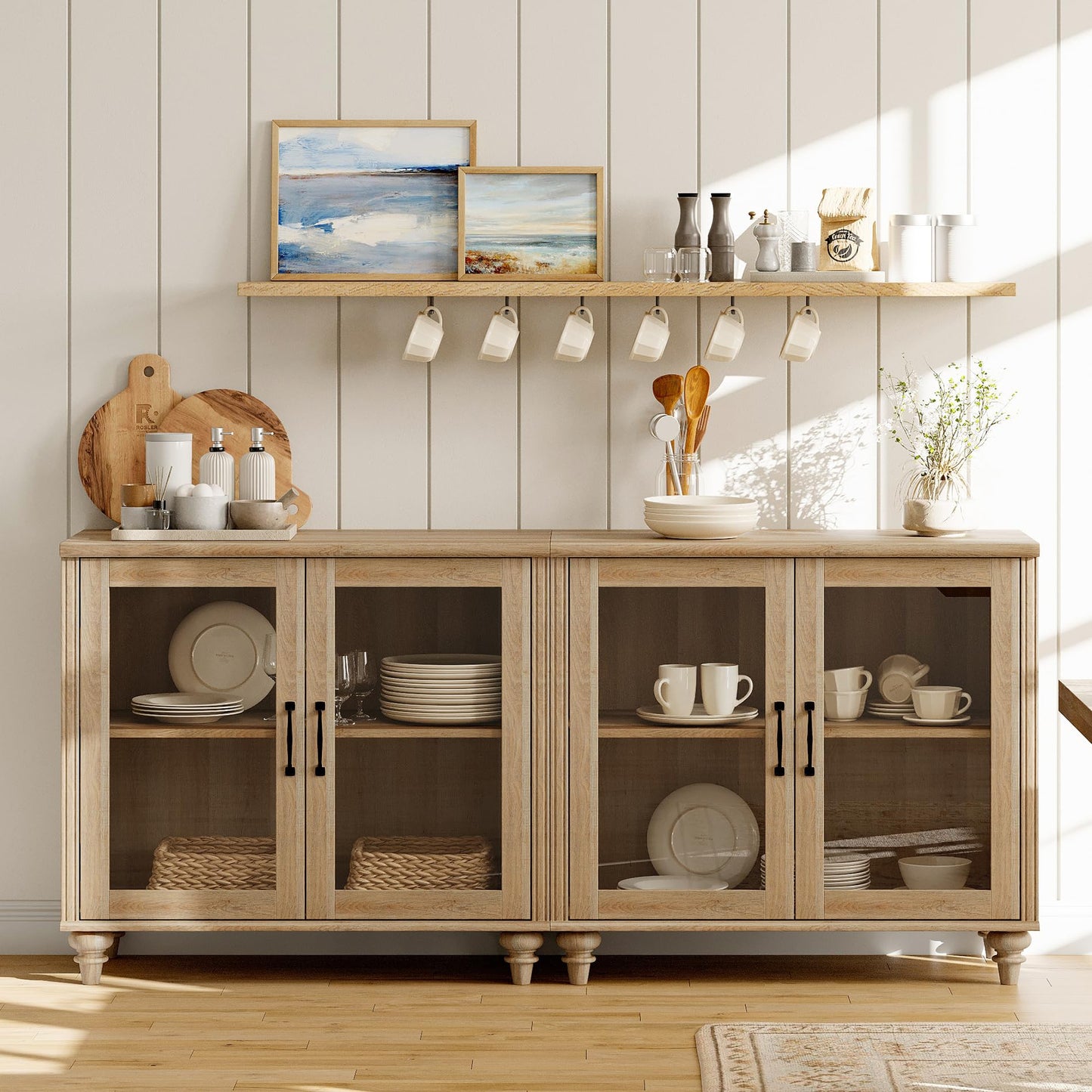 WAMAPT Sideboard Buffet Cabinets with 4-Glass Door, Kitchen Storage Cabinets, Wood Coffee Bar Tables with Adjustable Shelf, Accent Sideboard Storage