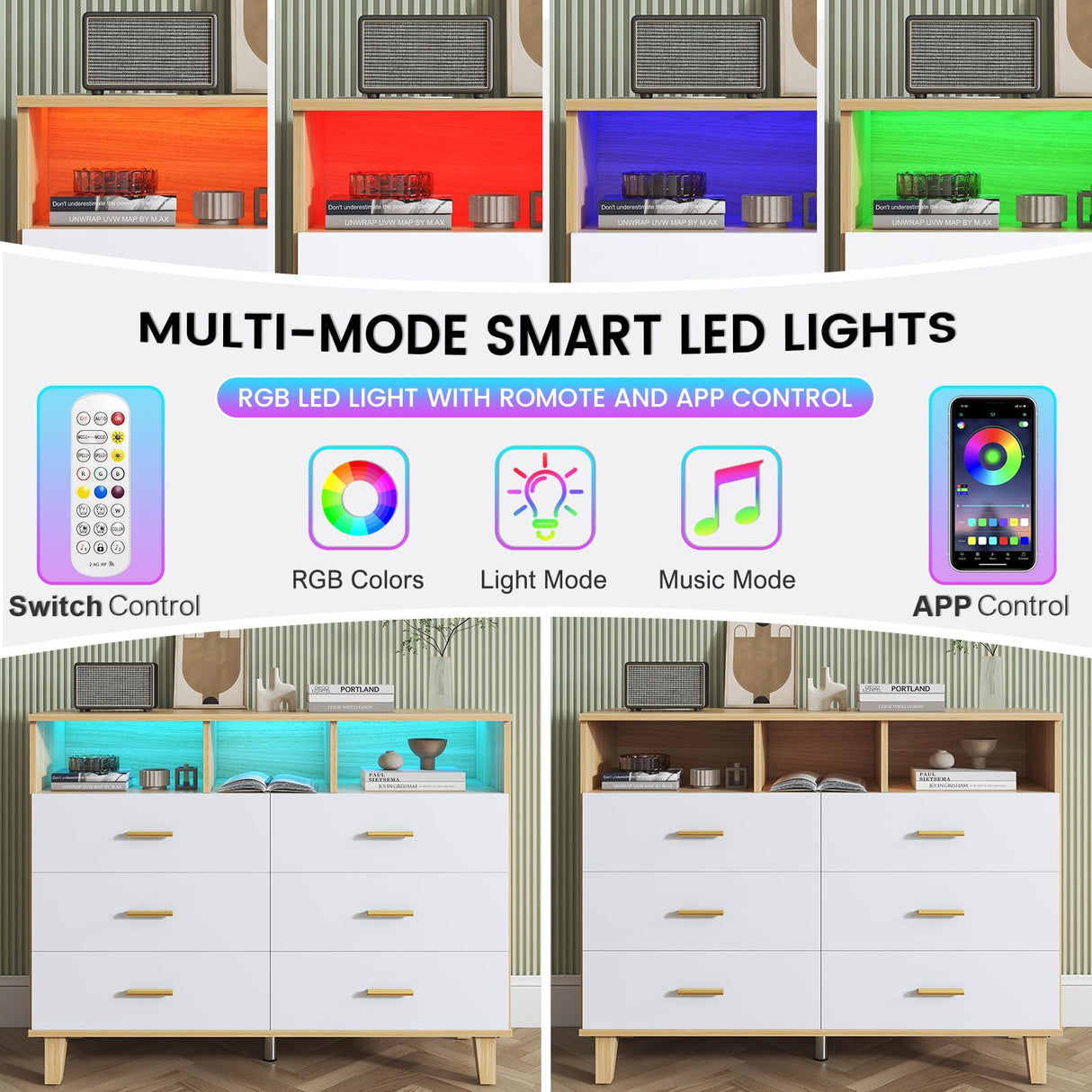 knoworld Dresser for Bedroom,White 6 Drawer Dresser with LED Light and Power Outlet,Tall Wide Dressers Chests of Drawers,Organizer Storage Drawers knoworld